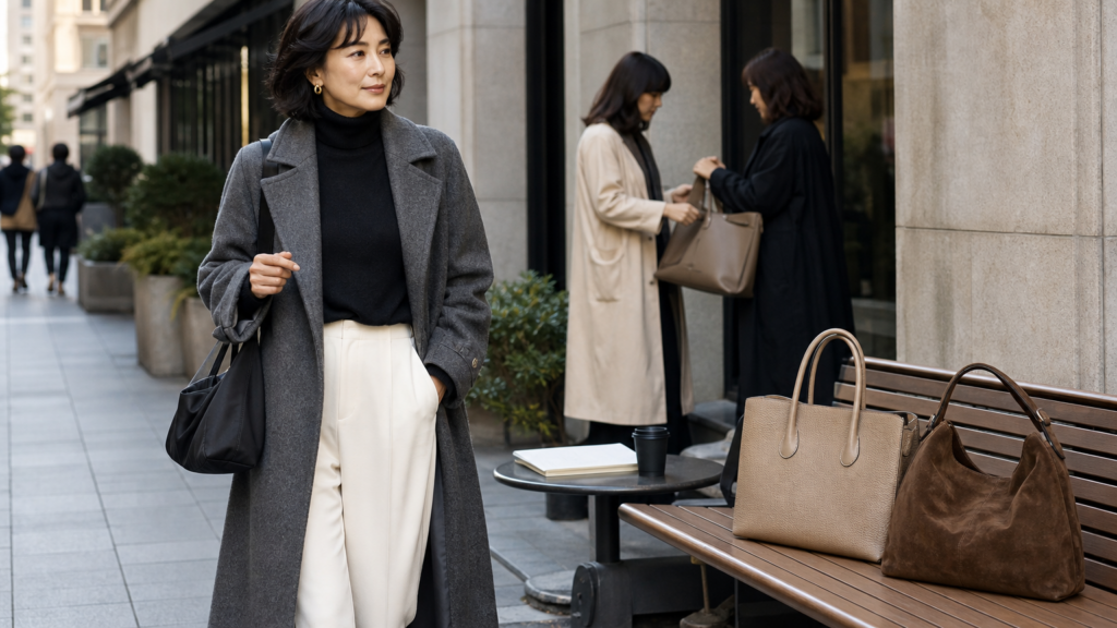 街中で素材感の異なるバッグを持つ女性のPRADAバッグ素材比較記事アイキャッチ
